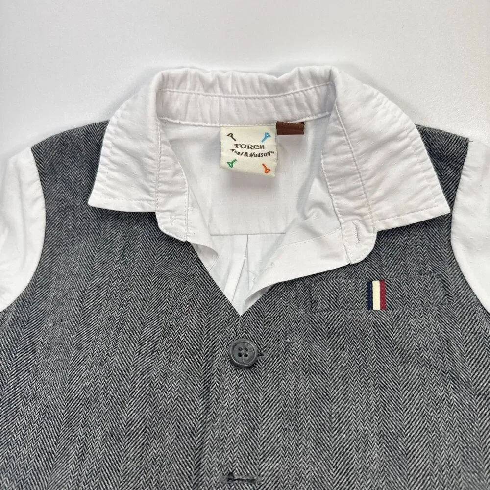 Fore!! Axel & Hudson 12-18M Boys Outfit Sewn On Vest Shirt Pants Herringbone Set